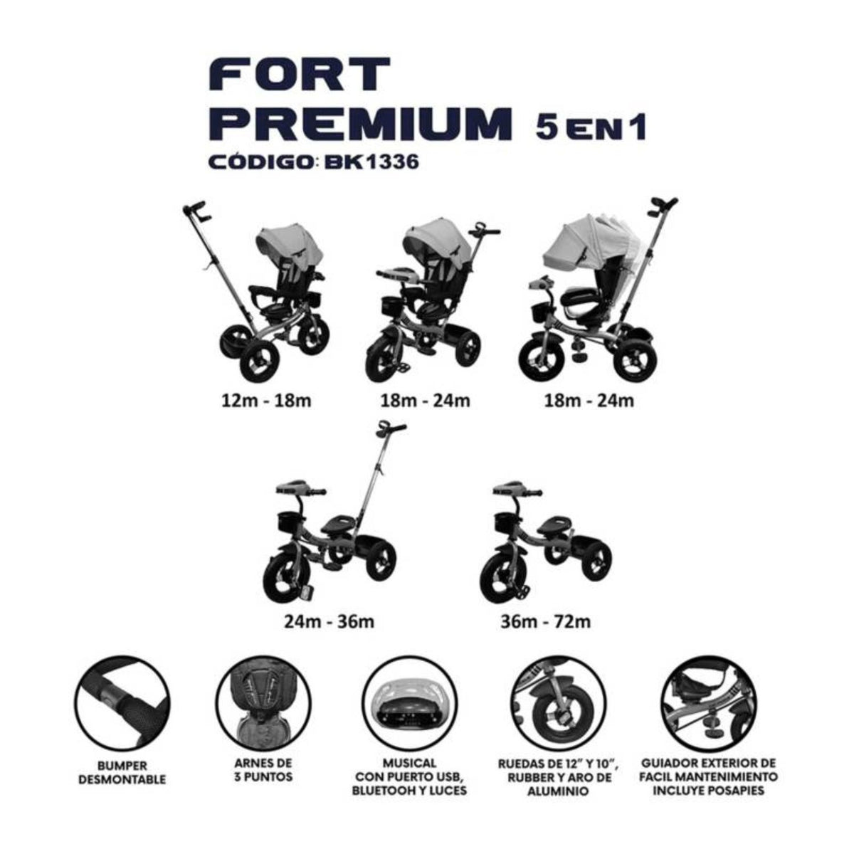 Triciclo Fort Premium Gold 5 en 1, Rosado vista 3 - Baby Kit´s